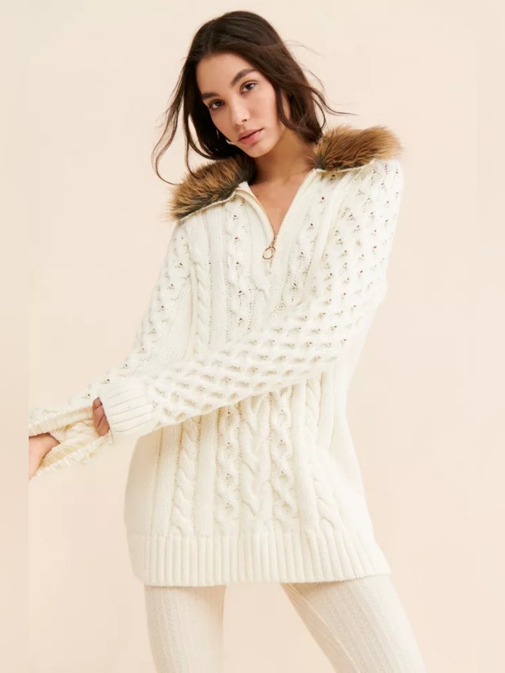 NEW Show Me Your Mumu Sun Valley Pullover Cream Cable Knit Faux Fur - Size XS